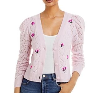 Aqua Pink Cashmere Cardigan with Floral Accents